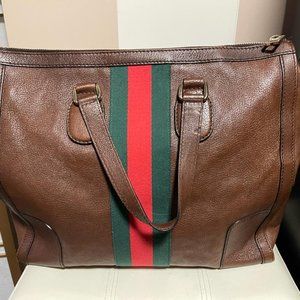 AUTHENTIC GUCCI Calfskin Web Large Seventies Tote Brown, Pre-owned